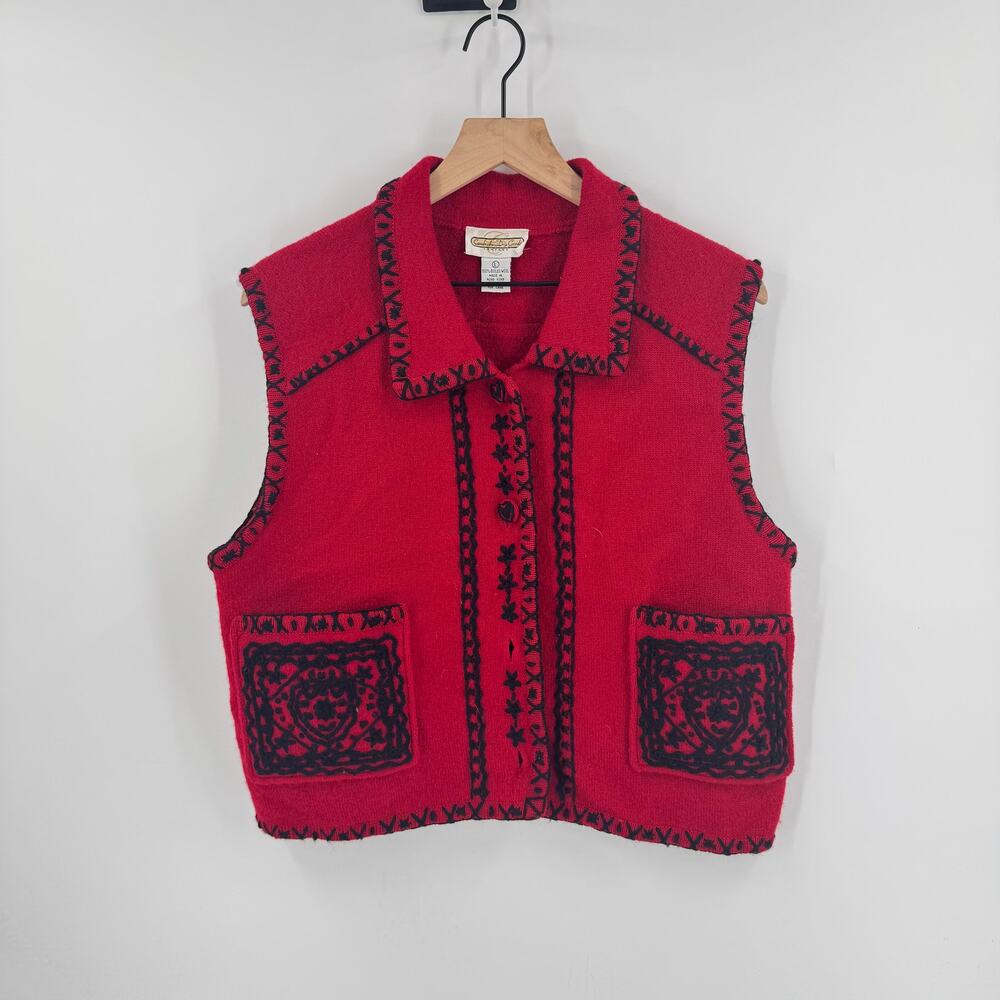 Vintage Cambridge Dry Goods‎ Red Boiled Wool Vest Embroidered Trim Size Large